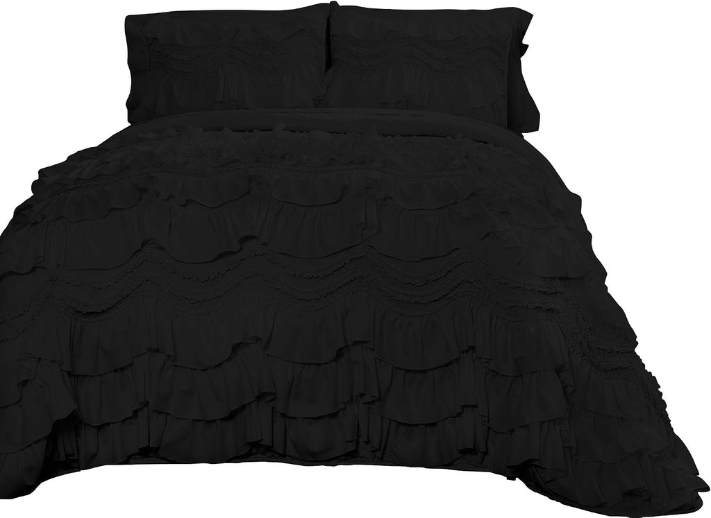 100% Egyptian Cotton, 550 GSM Microfiber Filled Quilt Ruffled Textured 3 Piece Full/Queen Size Comforter Set, Black