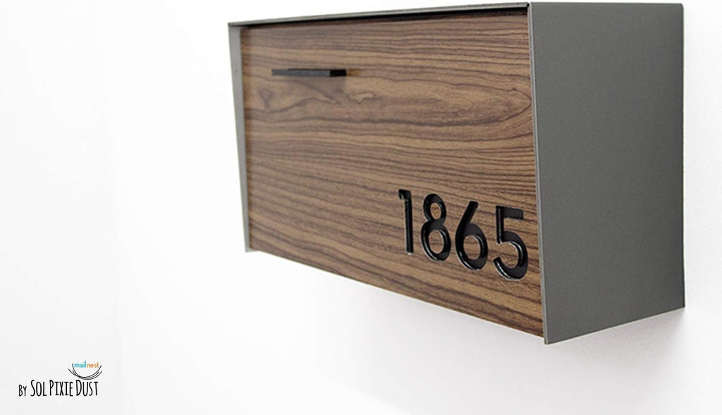 Wall Mounted Mailbox with Wood Walnut Aluminum (ACP) Face and Metalic Grey Aluminum Body and Black Acrylic Numbers - Modern Design - Custom Mailbox with House Numbers - Letterbox - Mailnest Type 3