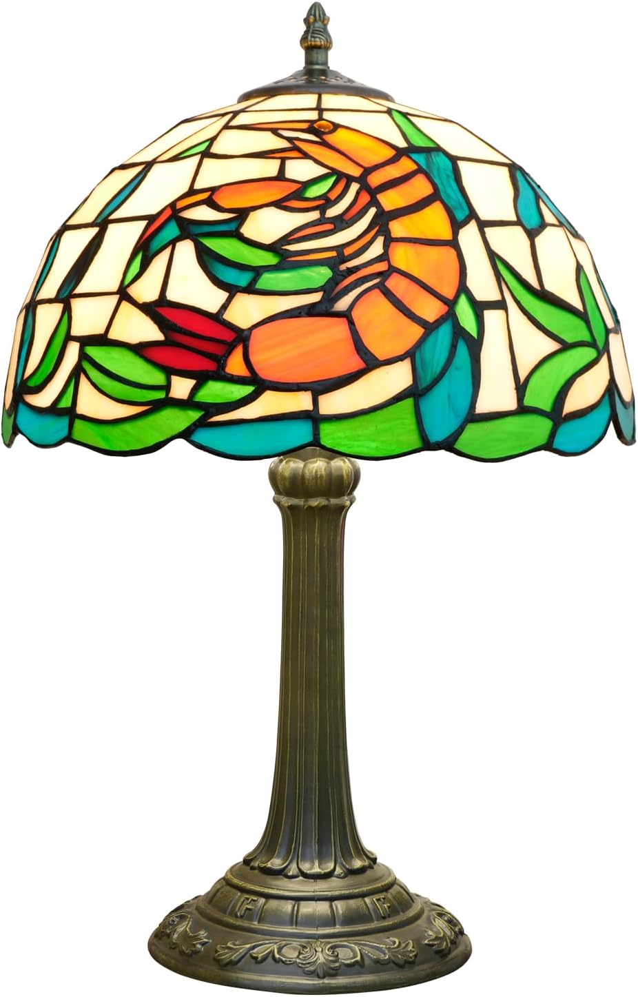 Tiffany Style Table Lamp with Orange Shrimp Stained Glass Lamp 12 Inch Retro Bronze Base Bedside Lamp Bedroom，Living Room, Bar,Cafe,Restaurant Hotel Coastal Style Decorative Ambient Light