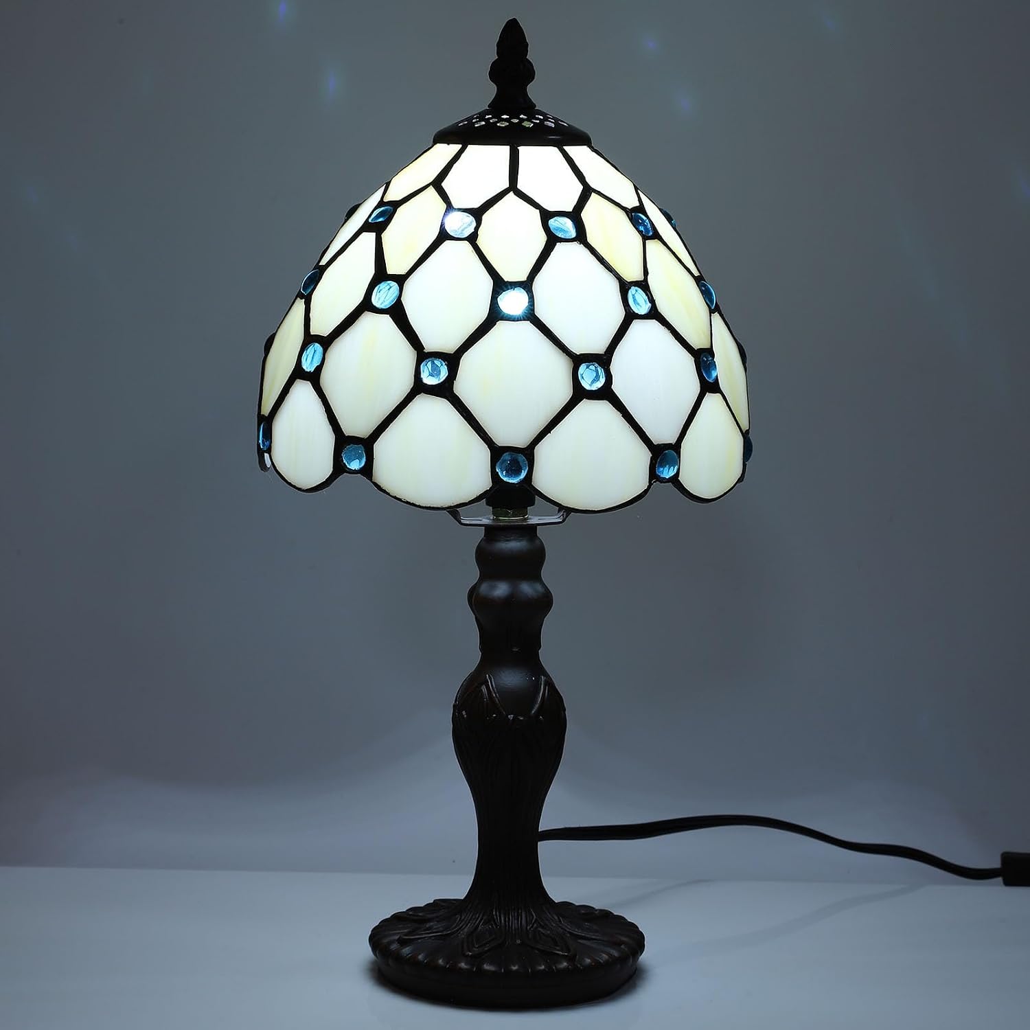 Tiffany Small Table Lamp for Living Room Blue Beads Stained Glass Bedside Nightstand Table Lamps for Bedroom Set of 2,3-Color Temperatures 8X8X15 Inch Hotel Home Office Desk Lamps