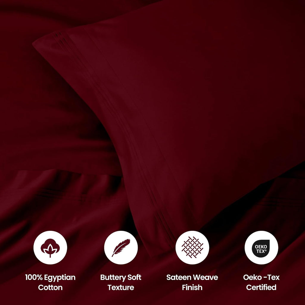 Superior Egyptian Cotton 4 Piece Sheet Set, Luxury 1000 Thread Count, Modern Design, Sustainable Sheets, Basics, Solid, Deep Pocket Fitted Sheet, Flat Sheet, Pillowcases, Olympic Queen, Burgundy