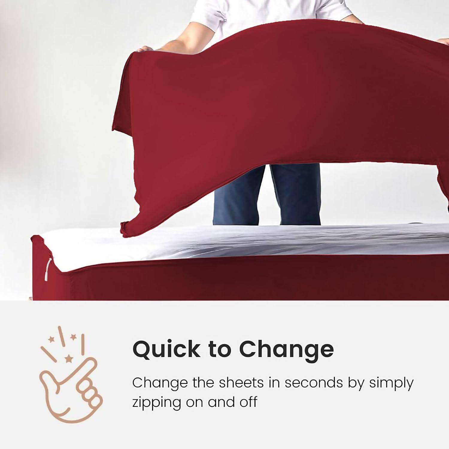 Cotton Zip On Fitted Sheet Queen - 2 Zip Sheets & 1 Fitted Sheet Base - Upto 16' Inch Deep Pocket Queen Size Zipper Fitted Sheets - Soft & Luxury 600 TC 100% Cotton - Burgundy