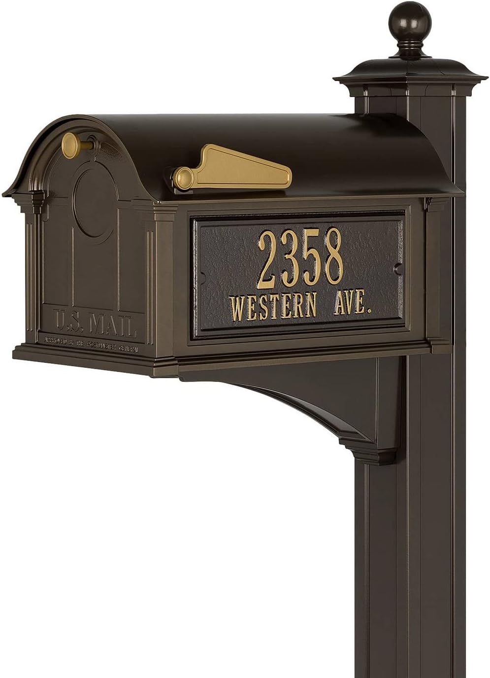 Whitehall Custom Extra Large Mailbox - Balmoral Model with Address Plaques and Side Mount Post Package, Sand Cast Aluminum, Bronze Personalized in Goldtone
