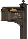 Whitehall Custom Extra Large Mailbox - Balmoral Model with Address Plaques and Side Mount Post Package, Sand Cast Aluminum, Bronze Personalized in Goldtone