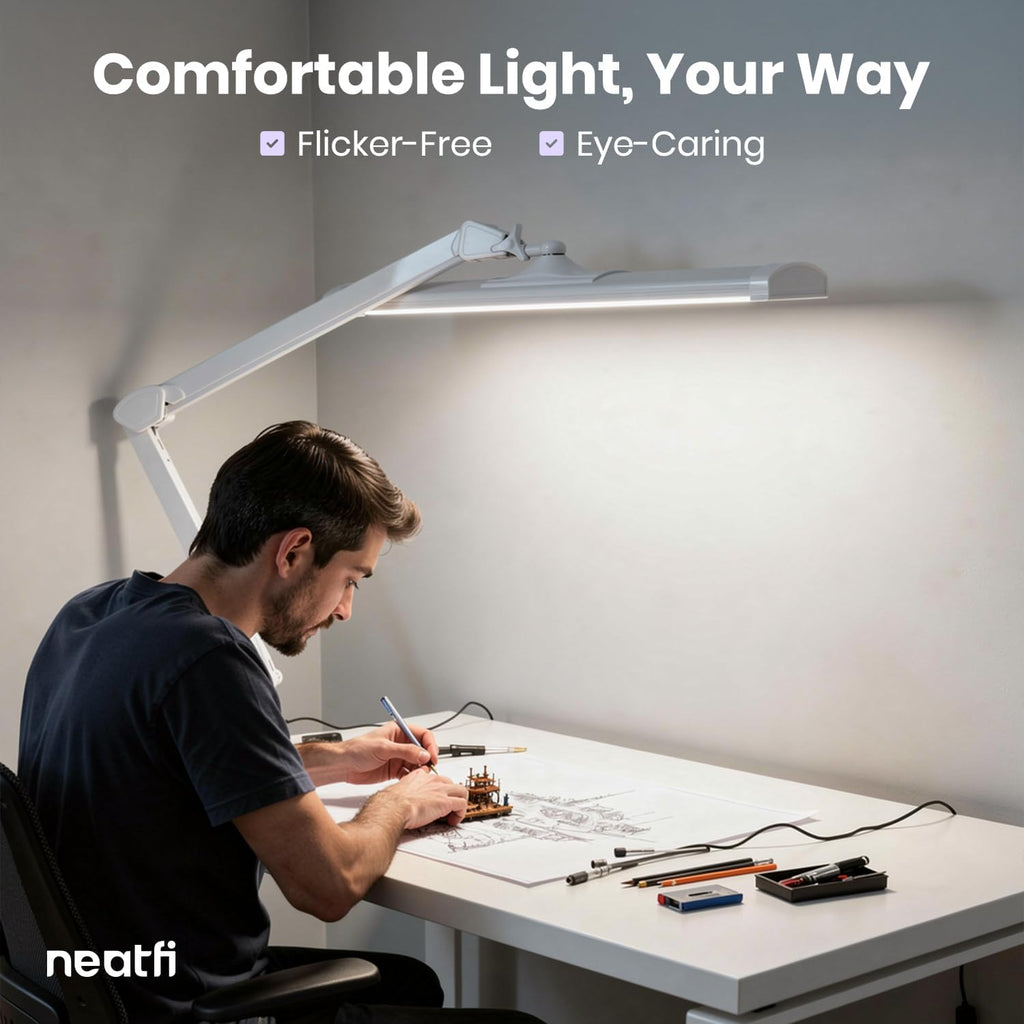 Neatfi 3,500 Lumens LED Desk Lamp with Base – 45W Dimmable | CCT - Adjustable Color Temperature | 3 Light Modes | 540 SMD LEDs | Reading, Craft, Workbench & Office (White-4, 26-Inch Wide Shade)