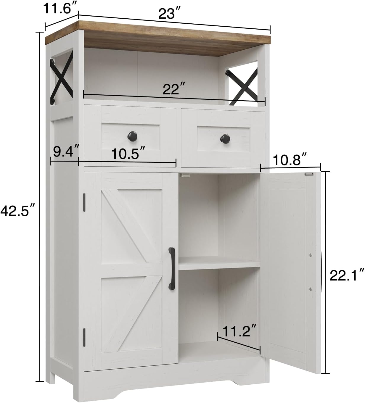 Befrases Set of 2 Farmhouse Storage Cabinet with Barn Doors and Drawers, Freestanding Kitchen Pantry, Floor Storage Cabinet Hutch Cupboard for Kitchen, Laundry, Living Room, White