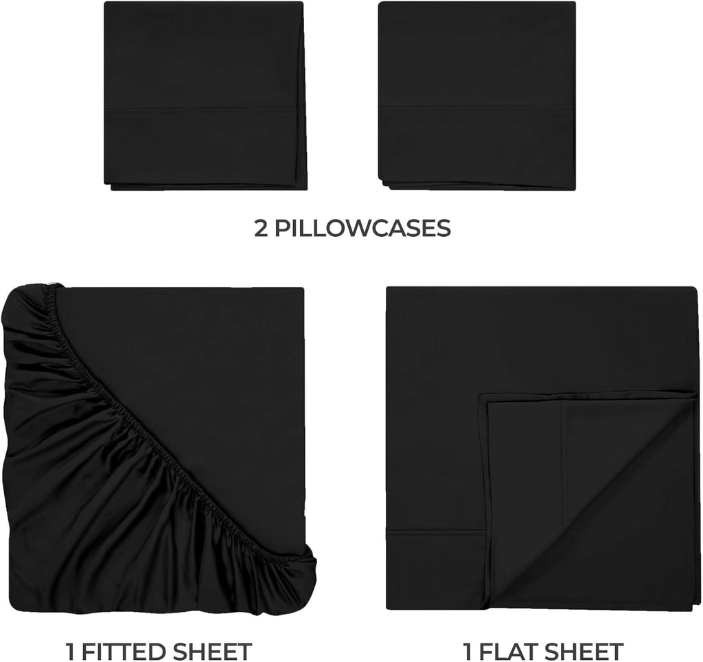 Superior Egyptian Cotton 300 Thread Count Bed Sheet Set, 2 Elastic Deep Pocket Fitted Sheets, 1 Flat Sheet, 2 Pillowcases, Daily Soft Sheets, Luxury, Plush, Home Essentials, Split King, Black