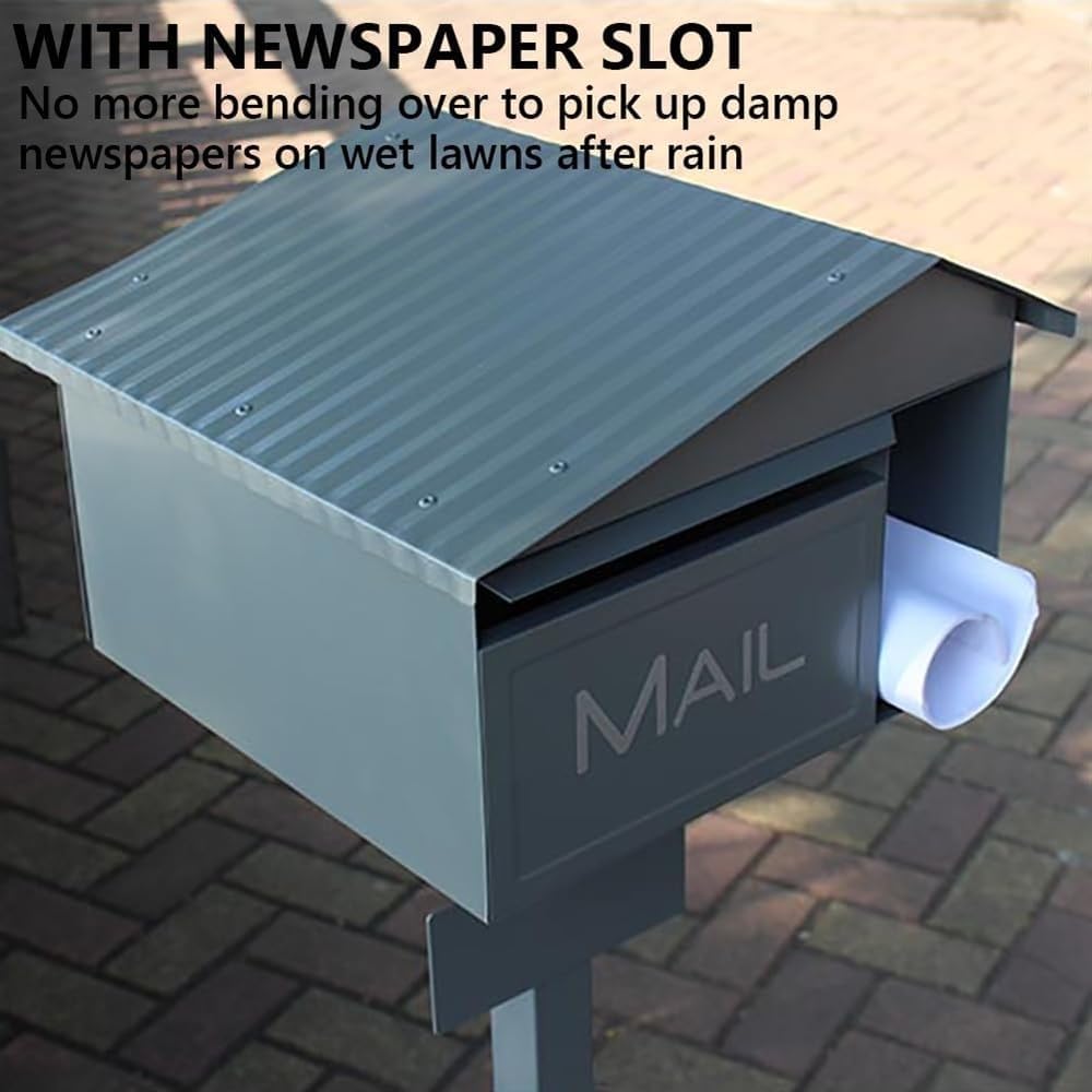 Modern Post Mailbox Mount Combo Kit, Galvanized Steel, Medium Home Mailbox, Minimalist Home Mail Organizer - with Newspaper Slot and Lock