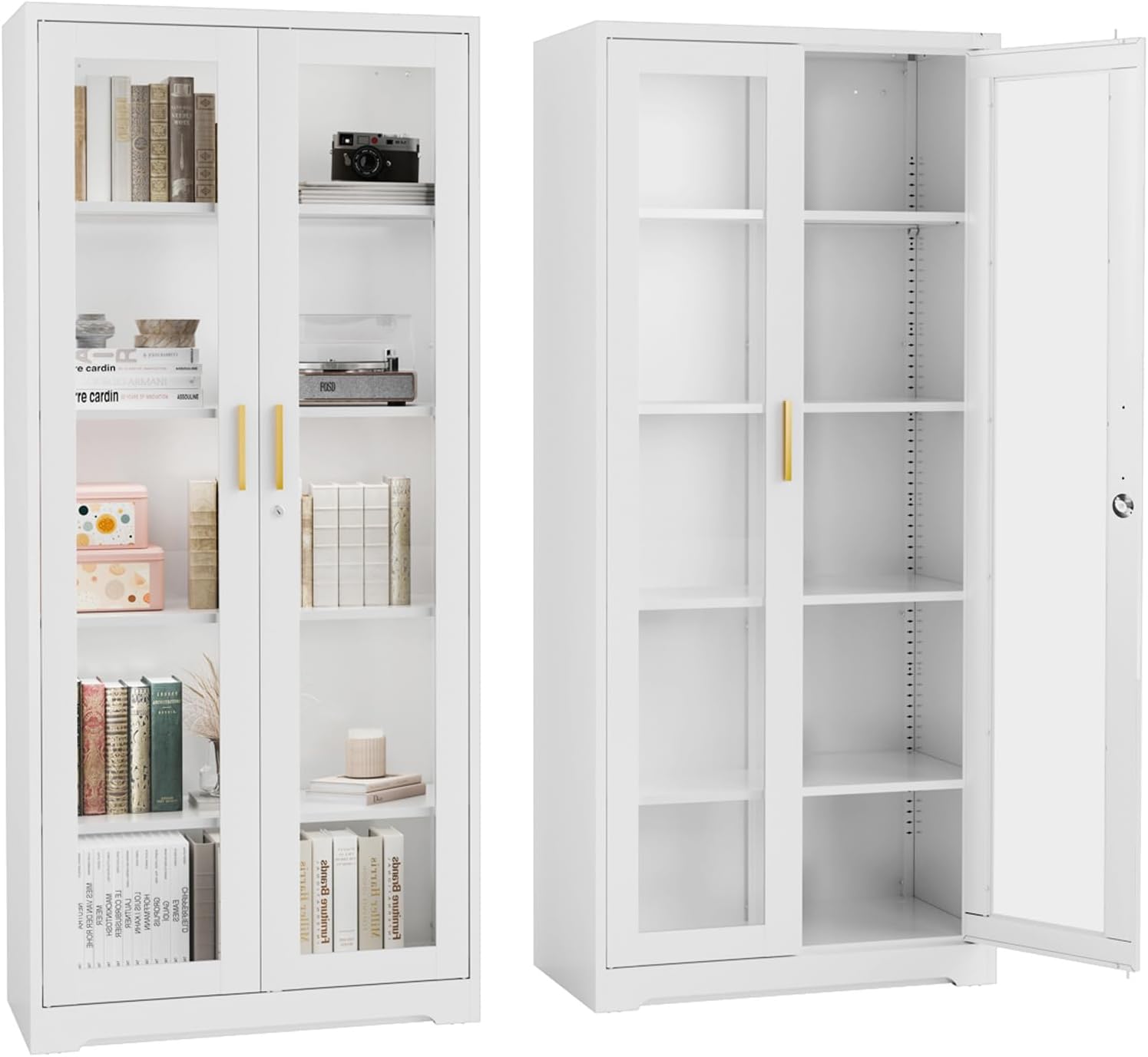 Display Cabinet with Glass Doors,71' Metal Curio Cabinets with 4 Adjustable Shelves, 5 Tier Display Case for Collectibles, Metal Storage Cabinet, White