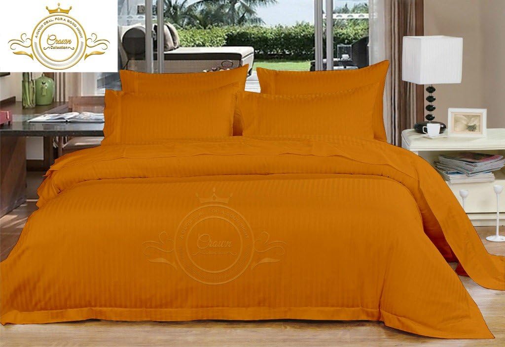 Crown Collection Hotel Beddings 600-Thread-Count 100% Egyptian Cotton 4 Piece Sheet Set Fit Upto 12' Deep Pocket Queen Size All Around Elastic Fit Damask Striped, Gold