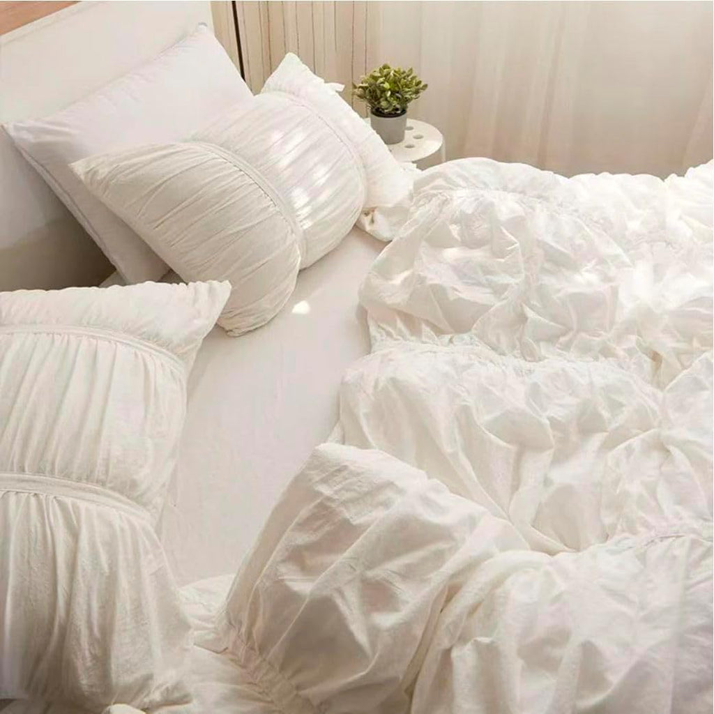 BedDecor 1 Piece Ruched Pattern Duvet Cover with Zipper & Corner Ties 100% Egyptian Cotton 500 Thread Count Premium Hotel Quality Decorative Bedding (White,Oversized King)