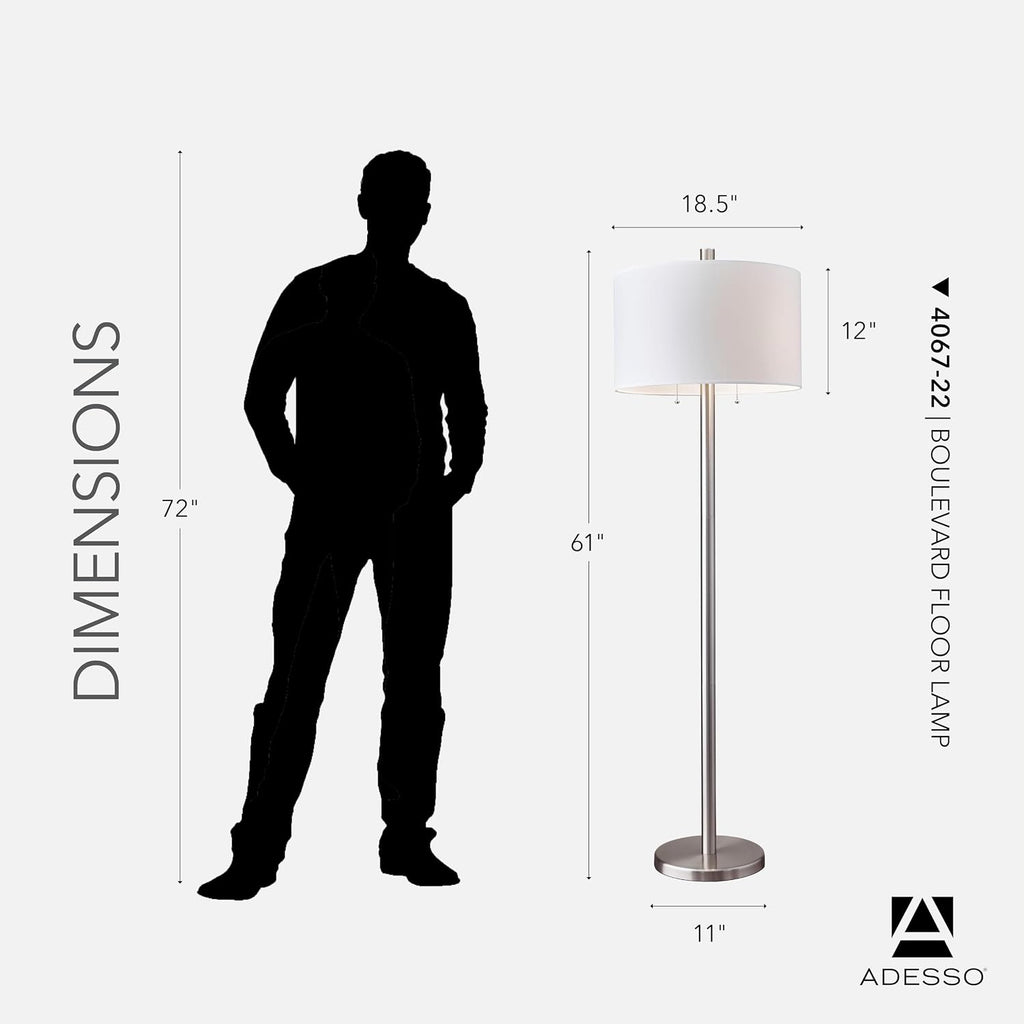 Adesso Floor Lamp with Dual Pull Chains, Brushed Stee; Finish, White Fabric Lampshade – Bedroom, Home Office Lighting, or Living Room Decor, 61' x 18.5'