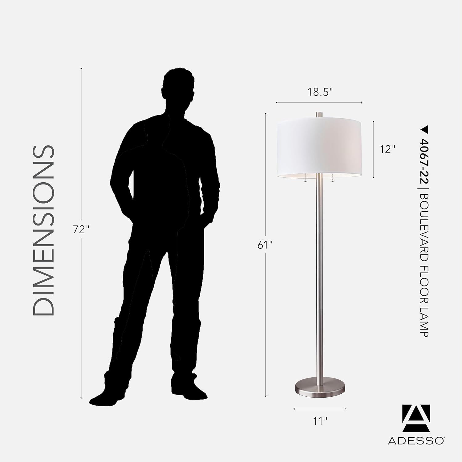 Adesso Floor Lamp with Dual Pull Chains, Brushed Stee; Finish, White Fabric Lampshade – Bedroom, Home Office Lighting, or Living Room Decor, 61' x 18.5'