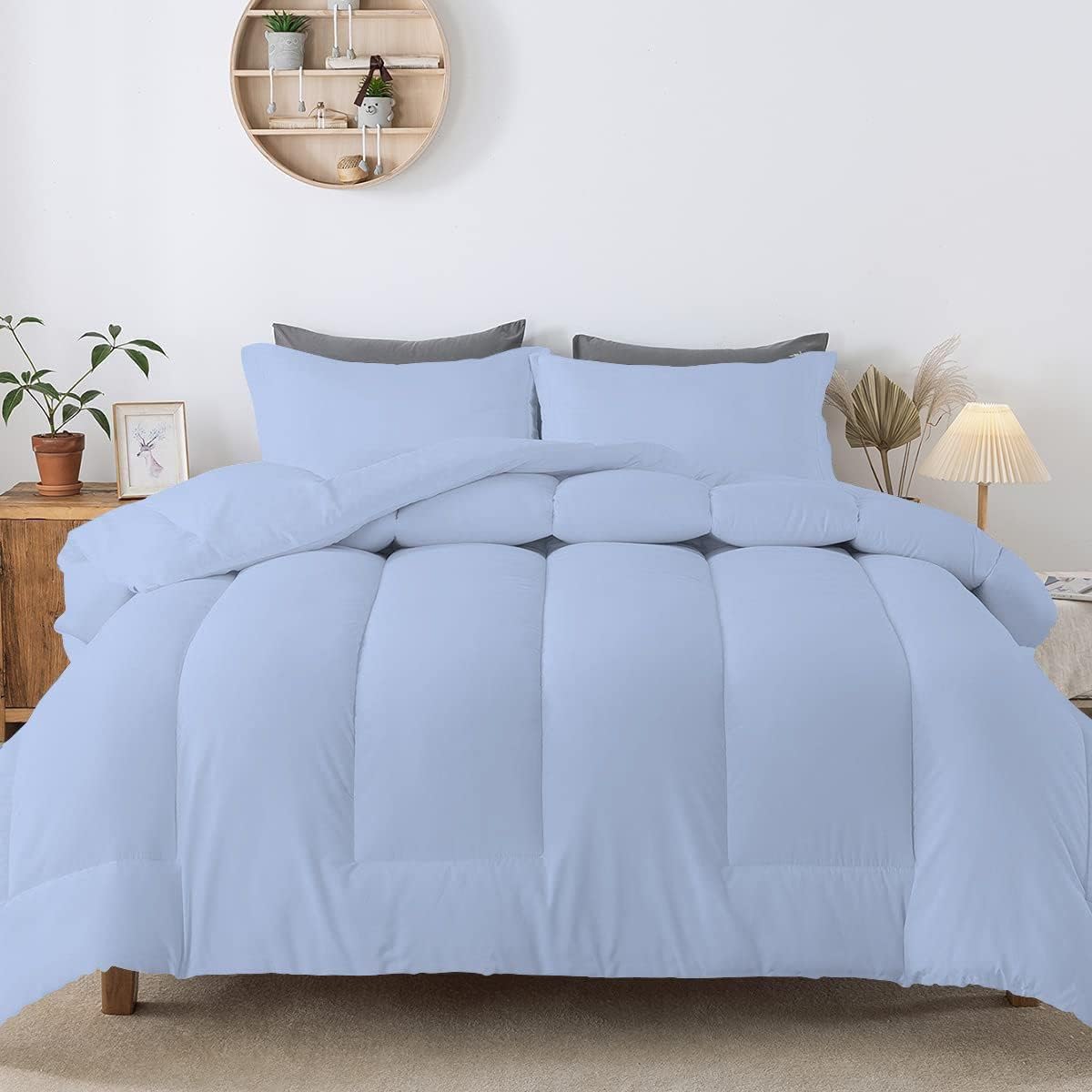 5 PC Straight Line Pattern Comforter Set Premium Super Soft 600 GSM All Season | 1000 Thread Count | 100% Egyptian Cotton ( Full/Queen Size, Light Blue Color)