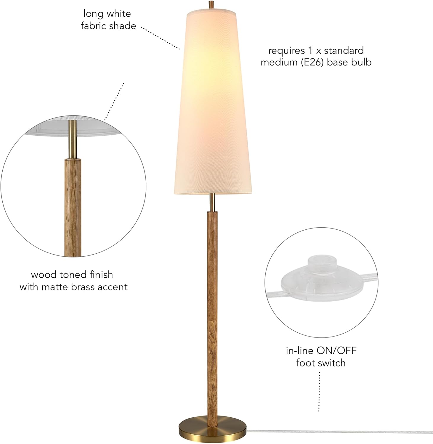 Globe Electric 61000173 63' Floor Lamp, Matte Brass, Wood Toned Accent, Long White Fabric Shade, in-Line On/Off Foot Switch, 6.7-Foot Clear Cord, 1-Light, 60W E26/Medium Base Bulb