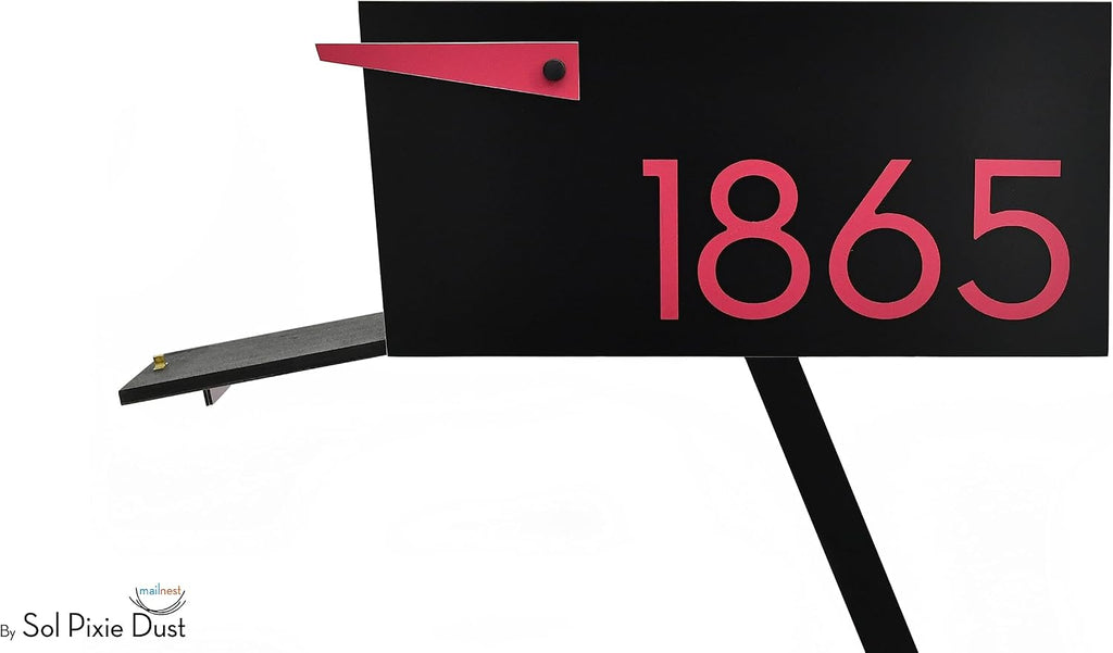 Contemporary Post-Mount Mailbox - Aluminum Black Body with Aluminum Door, Numbers and Flag - Large Customized Mailbox - Type 4 (Dark Pink)