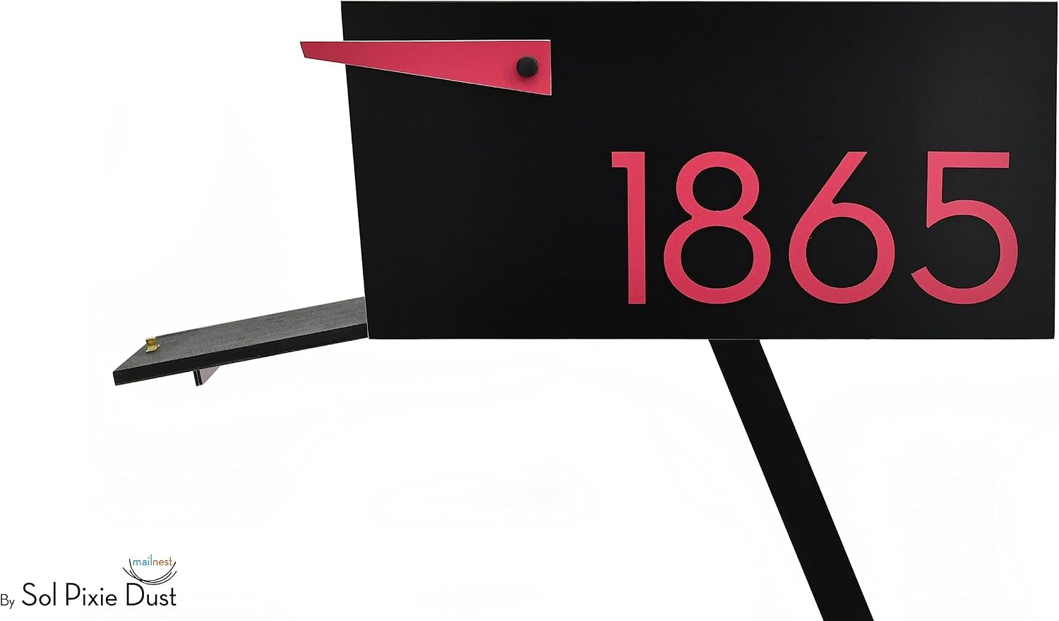 Contemporary Post-Mount Mailbox - Aluminum Black Body with Aluminum Door, Numbers and Flag - Large Customized Mailbox - Type 4 (Dark Pink)