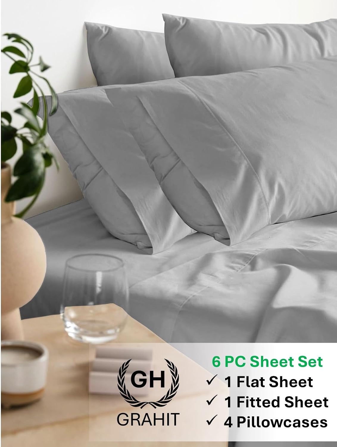 100% Egyptian Long Staple Cotton Bedsheet Set, 800 Thread Count, 6-PC Sheets Set, Silver Grey Color, Queen Size, 15 Inch Deep Pocket of Fitted Sheet, Soft Sateen Weave Breathable