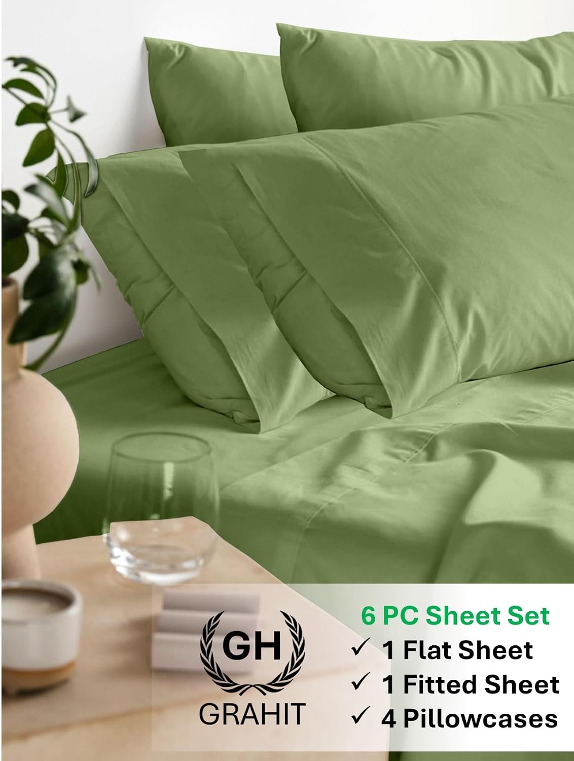100% Egyptian Long Staple Cotton Bedsheet Set, 800 Thread Count, 6-PC Sheets Set, Moss Color, Queen Size, 15 Inch Deep Pocket of Fitted Sheet, Soft Sateen Weave Breathable