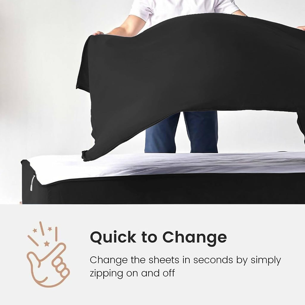 Zip On Sheets Queen Zipper Fitted Sheets 60X80 - Includes 2 Zip On Sheet & 1 Fitted Sheet Base - 8' to 16' Inch Deep Pocket Zipper Sheets - Faster & Easier Microfiber Queen Size - Black