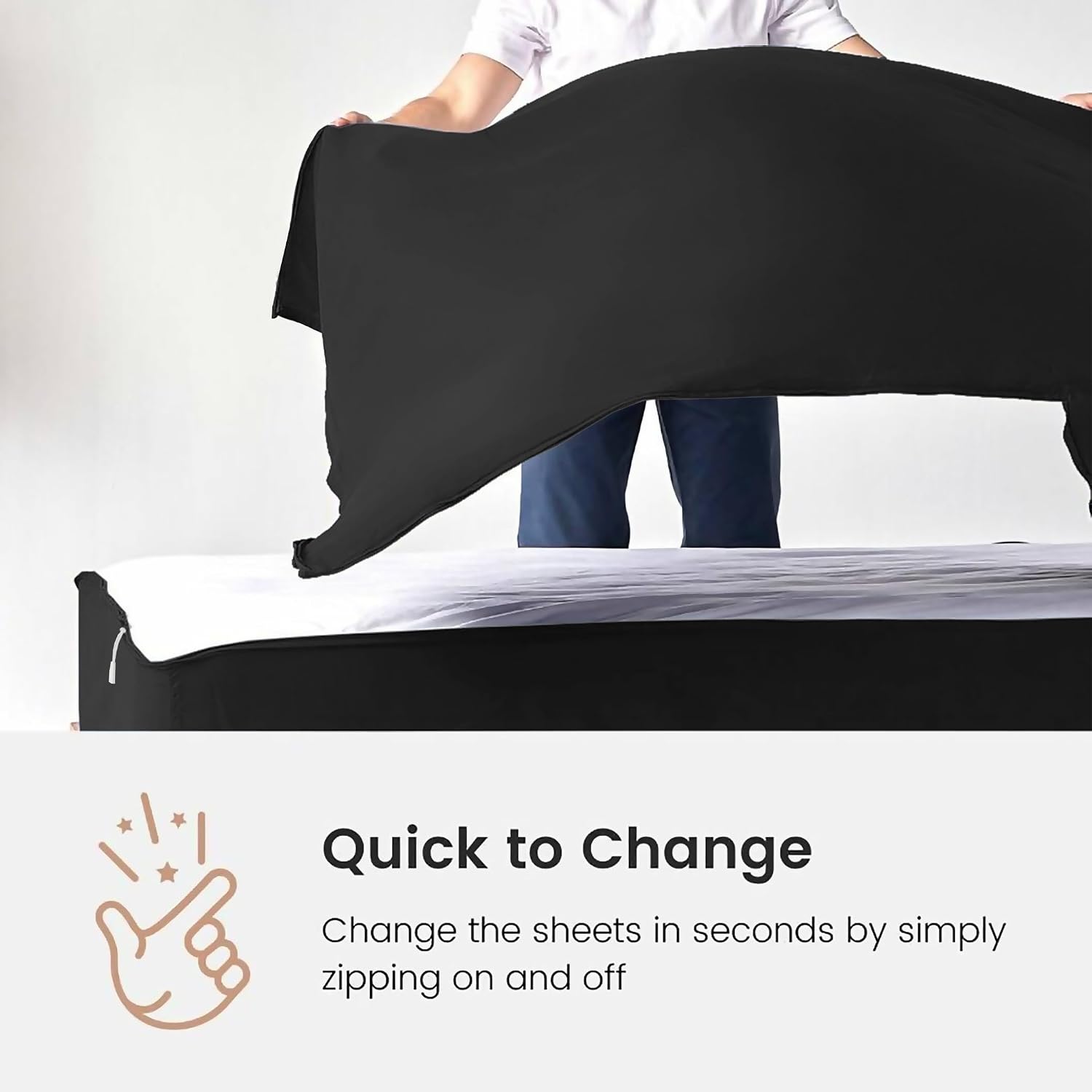 Zip On Sheets Queen Zipper Fitted Sheets 60X80 - Includes 2 Zip On Sheet & 1 Fitted Sheet Base - 8' to 16' Inch Deep Pocket Zipper Sheets - Faster & Easier Microfiber Queen Size - Black