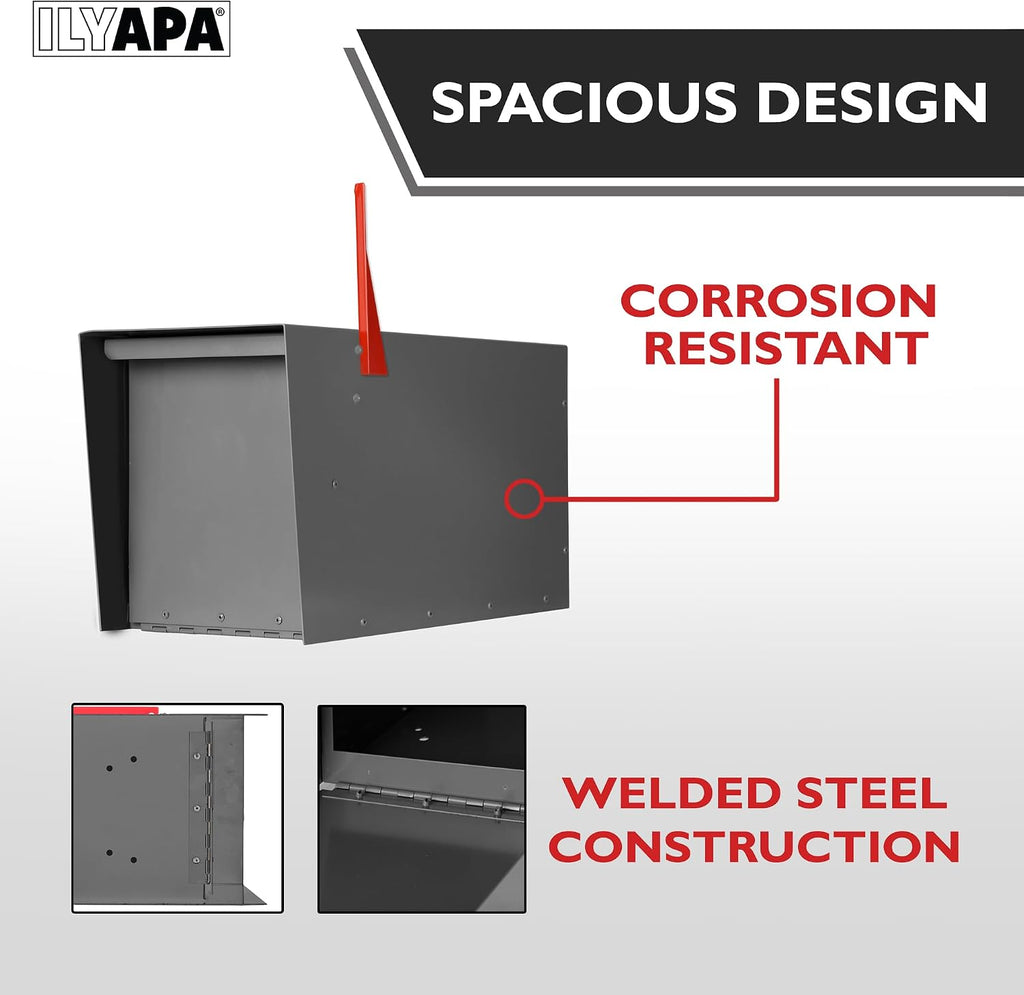 Ilyapa Modern Mailbox for Post Mount - Gray with Gray Door Powder Coated Steel, Waterproof Letter Box for Parcels, with Recessed Magnetic Close Door