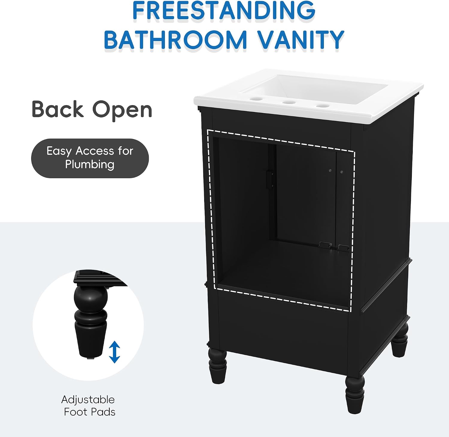 20' Real Wood & MDF Bathroom Cabinet with Sink, Bathroom Cabinet Organizer with Ample Storage, Bathroom Vanities with Magnetic Door Stopper for Bathrooms, Black