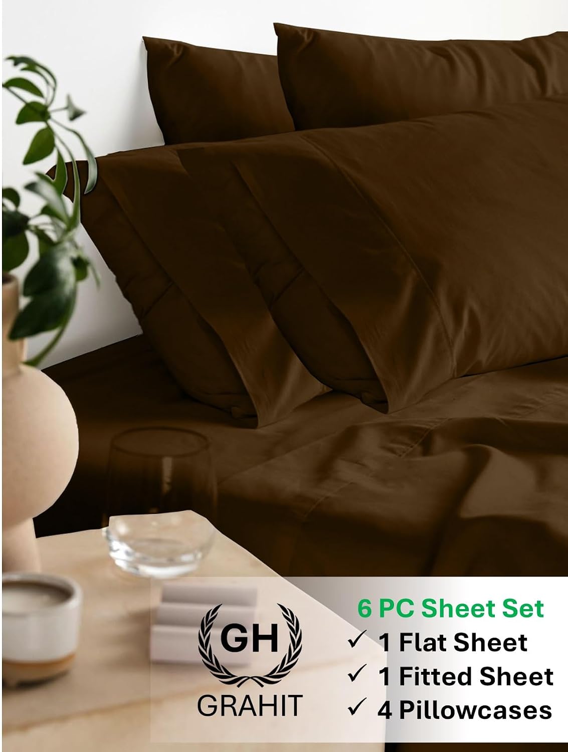 100% Egyptian Long Staple Cotton Bedsheet Set, 800 Thread Count, 6-PC Sheets Set, Chocolate Color, Queen Size, 15 Inch Deep Pocket of Fitted Sheet, Soft Sateen Weave Breathable