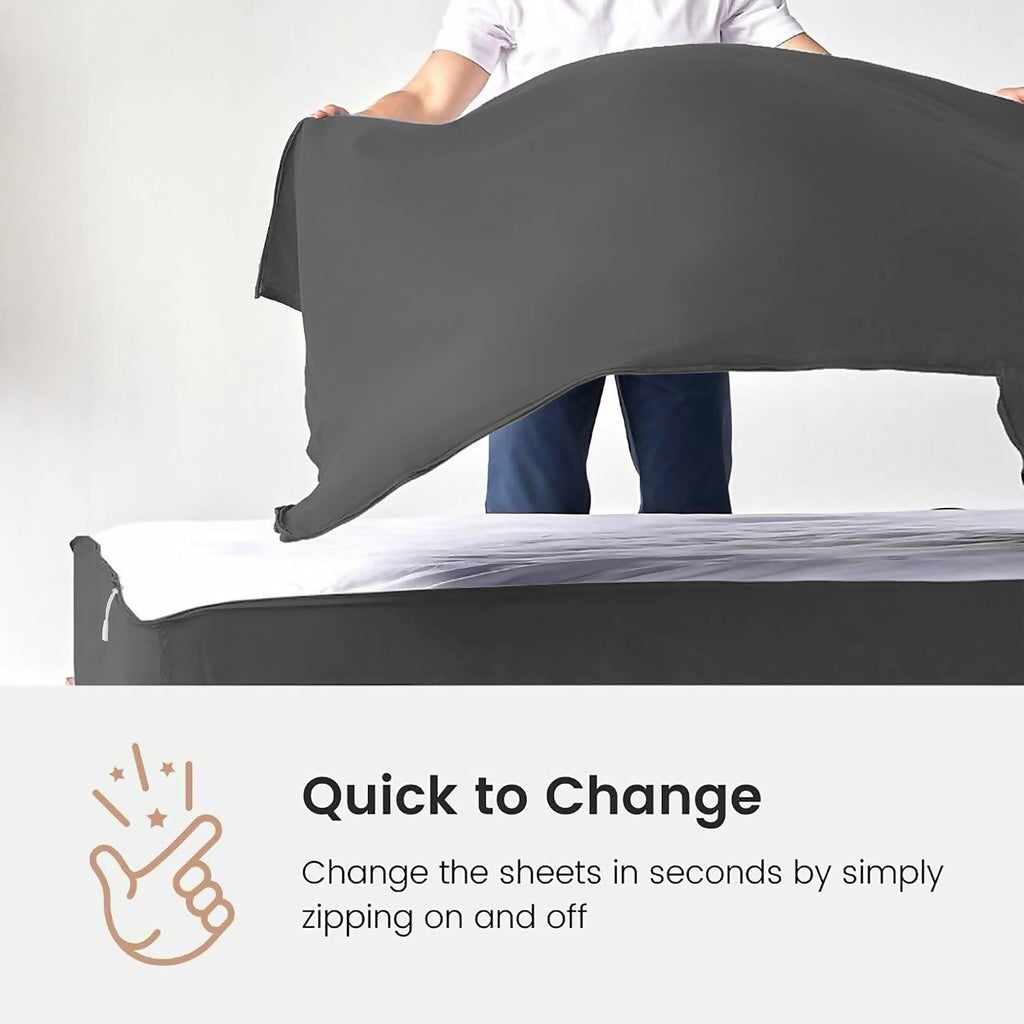 Zip On Sheets Queen Zipper Fitted Sheets 60X80 - Includes 2 Zip On Sheet & 1 Fitted Sheet Base - 8' to 16' Inch Deep Pocket Zipper Sheets - Faster & Easier Microfiber Queen Size - Dark Grey