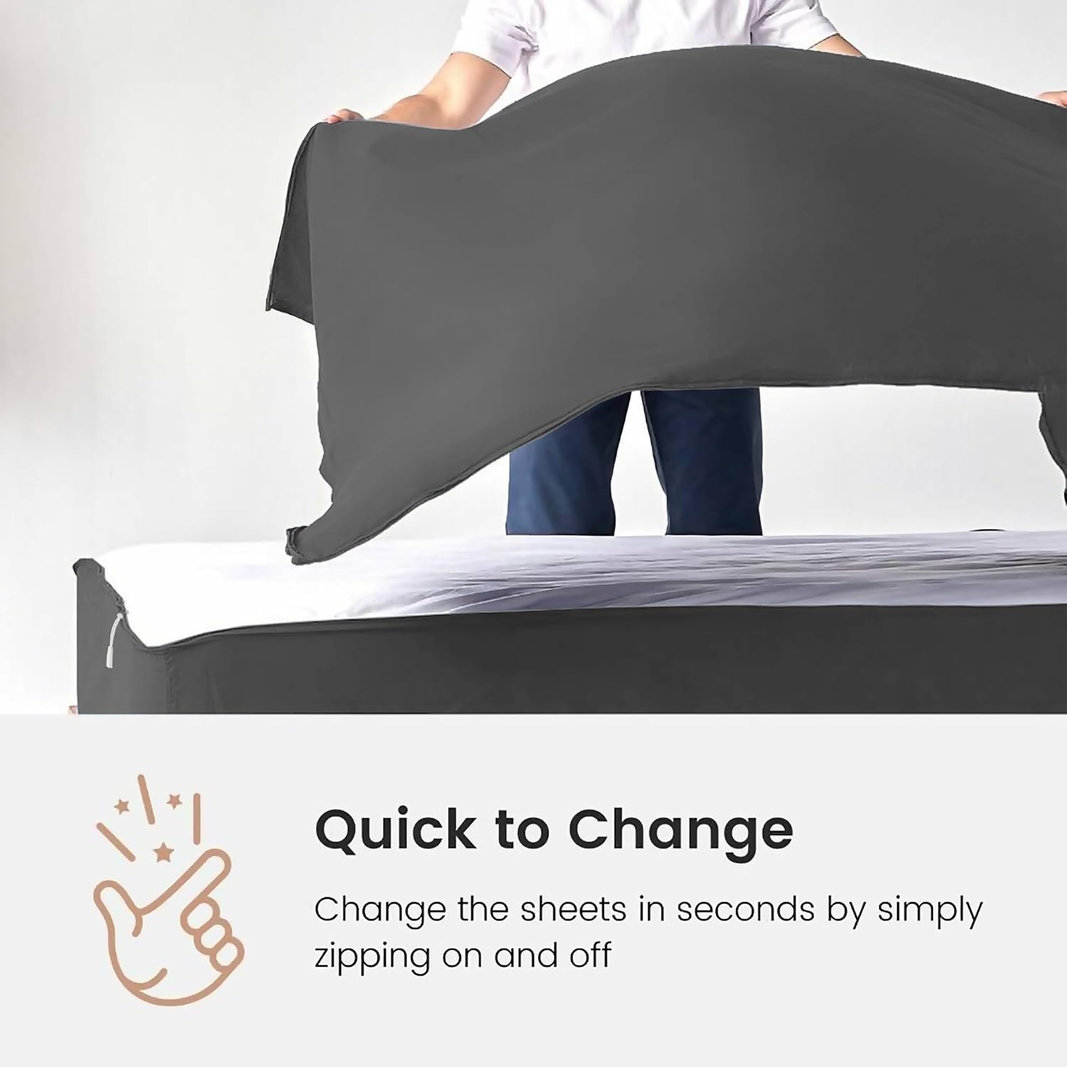 Zip On Sheets Queen Zipper Fitted Sheets 60X80 - Includes 2 Zip On Sheet & 1 Fitted Sheet Base - 8' to 16' Inch Deep Pocket Zipper Sheets - Faster & Easier Microfiber Queen Size - Dark Grey