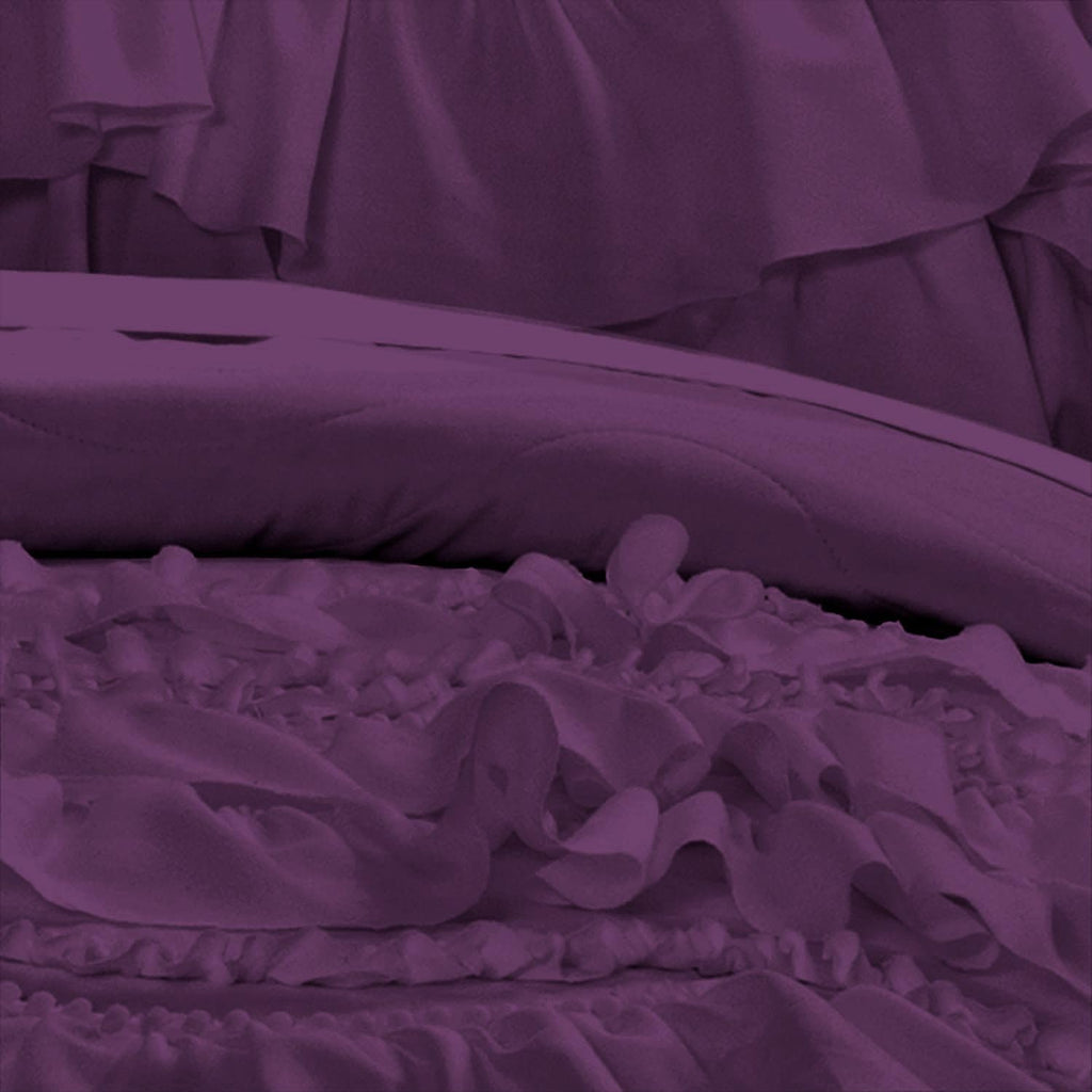 100% Egyptian Cotton, 550 GSM Microfiber Filled Quilt Ruffled Textured 3 Piece Super King Size Comforter Set, Plum