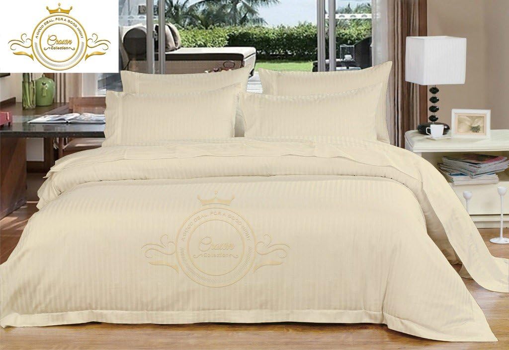 Crown Collection Hotel Beddings 600-Thread-Count 100% Egyptian Cotton 4 Piece Sheet Set Fit Upto 12' Deep Pocket Queen Size All Around Elastic Fit Damask Striped, Ivory