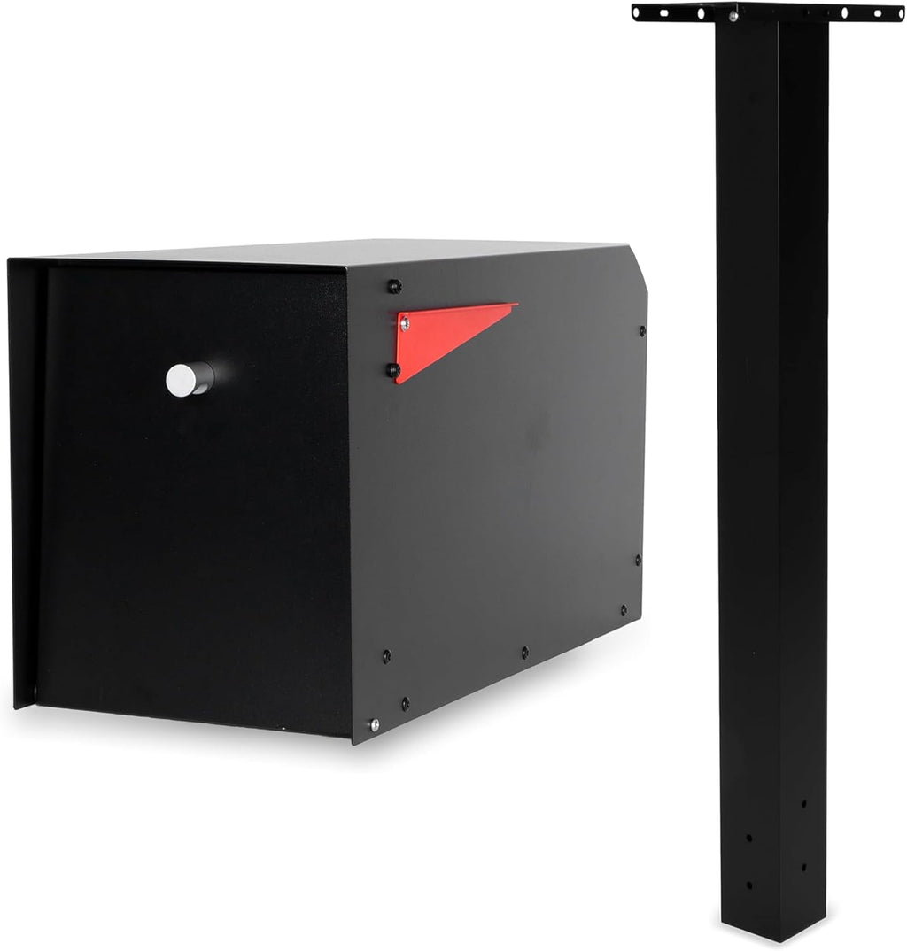 Ilyapa Modern Post Mount Mailbox & Heavy-Duty 43' Metal Post: Black Powder Coated Steel, Welded Curbside Mailbox w/Stainless Hinges & Universal Mounting Brackets