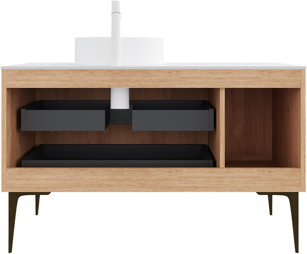 36' Bathroom Vanity with Sink, Plywood Storage Cabinet with 2 Drawers and Soft Close Door, 4 Metal Legs, Round White Ceramic Basin, Wooden Modern Bathroom Vanities, Pre-Assembled, Oak