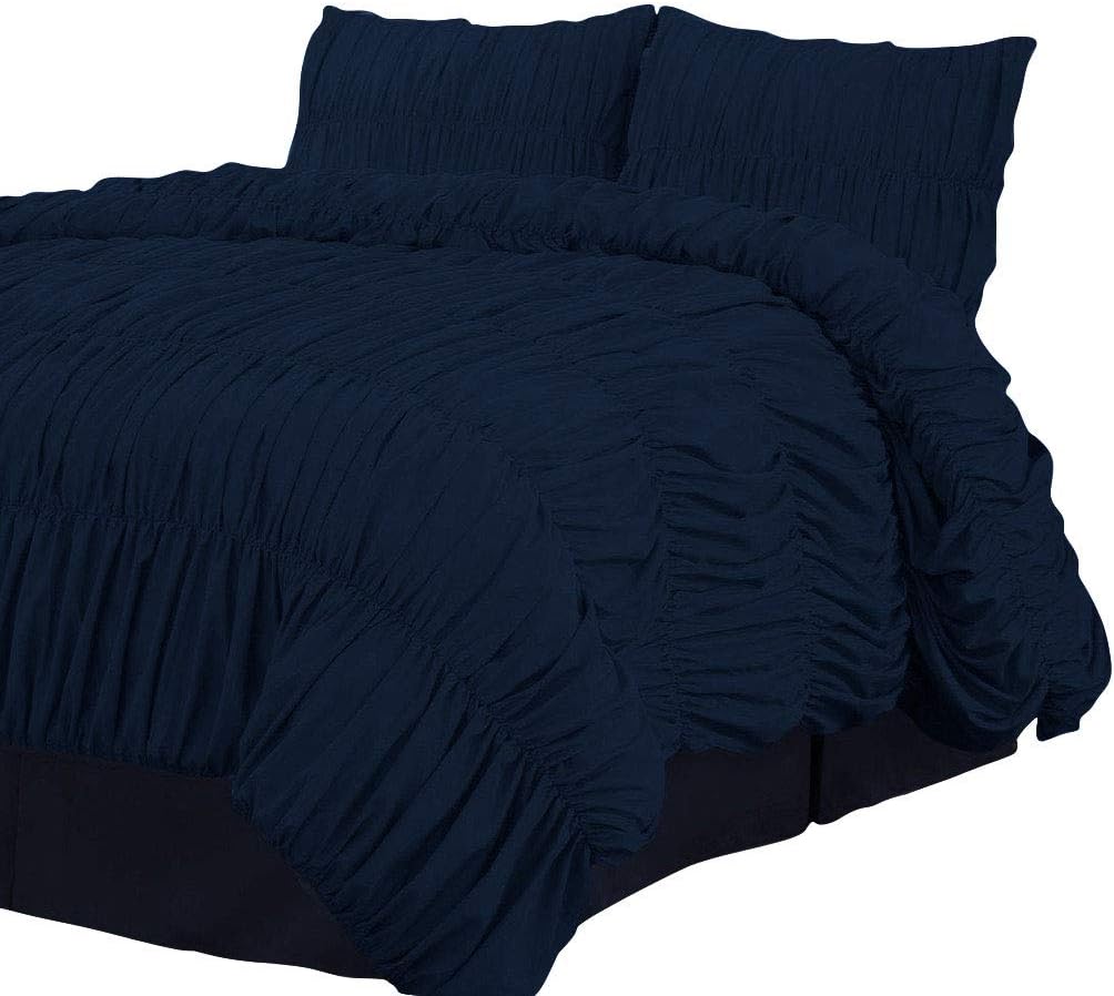 800 Thread Count 100% Egyptian Cotton 1 Piece Gathered Ruffle Duvet Cover with 2 Matching Pillowshams Zipper Closure Queen/Full Solid Navy Blue