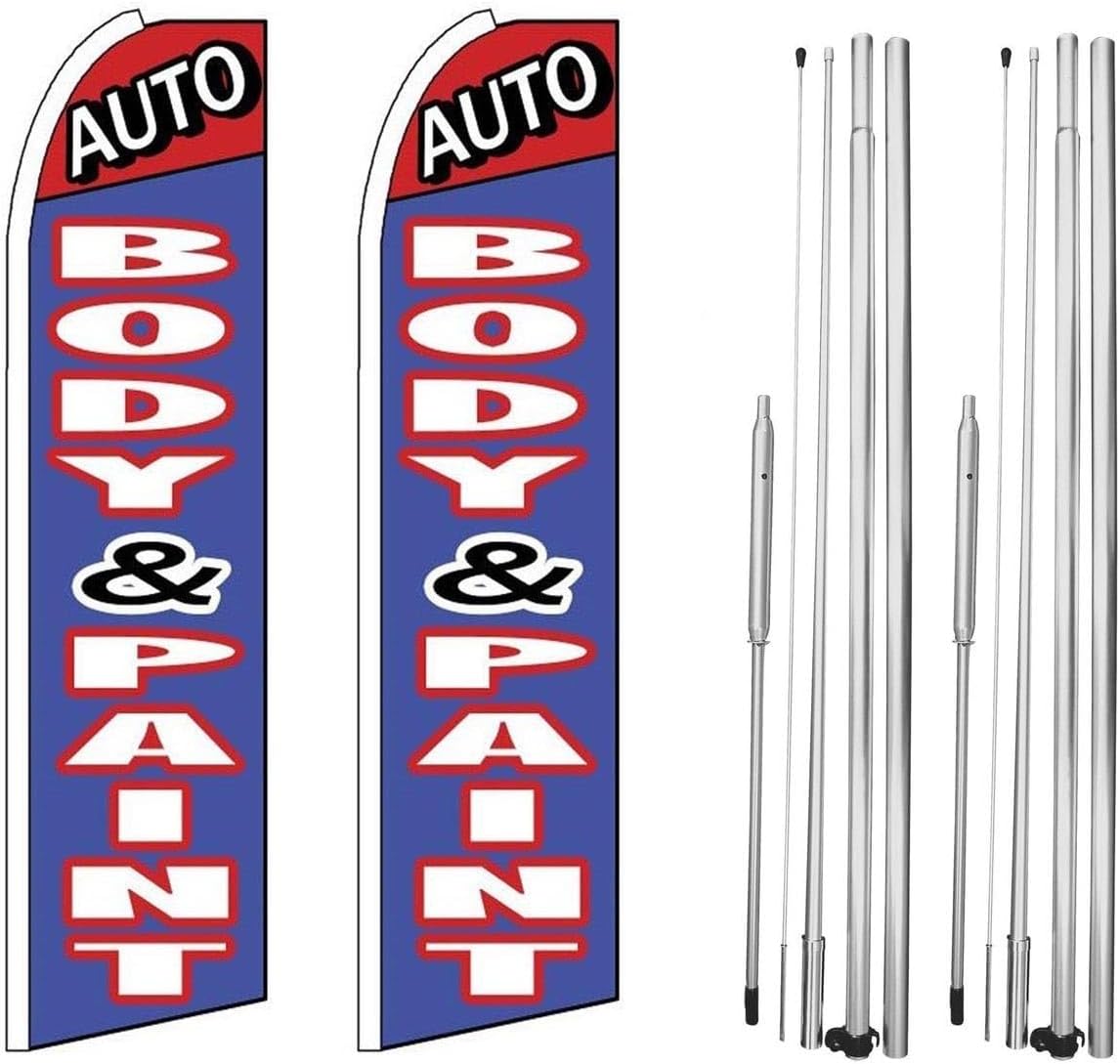 Auto Body & Paint Feather Flag | 3ft W x 11.5ft H | Durable Super-Knit Polyester with Aluminum Flagpole and Ground Spike | Outdoor Advertising Banner Flag for Promotions | Two Kits w/Hardware