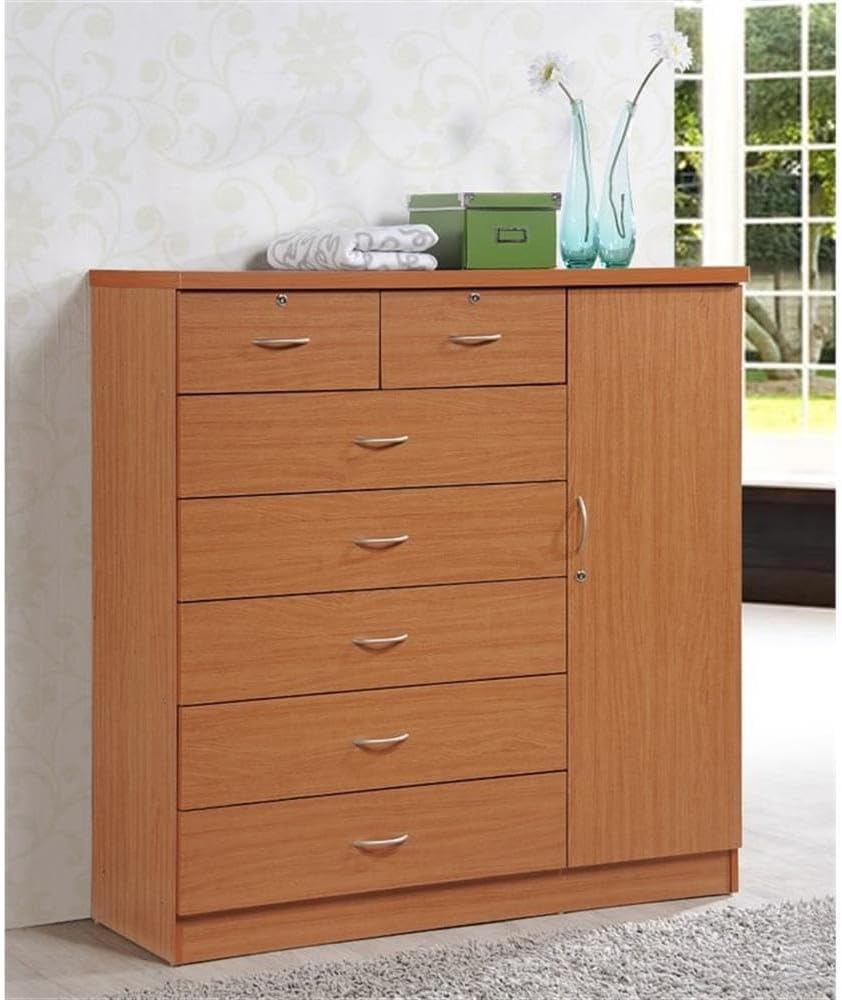 BOWERY HILL 7 Drawer Chest with Locks, Cherry Wood, 48.6 in H x 47.2 in W x 17.6 in D, Side Door with Shelves and Hanging Rod, Adjustable Shelves, Sturdy Design for Bedroom Storage