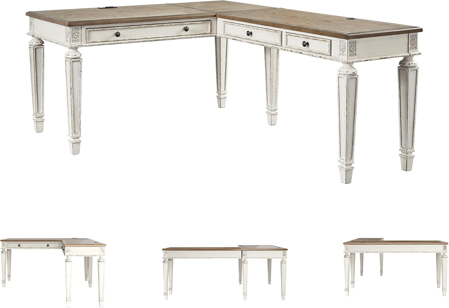 Signature Design by Ashley Realyn French Country 3-Drawer 2-Piece Home Office Desk with Spring Lift Top, USB Ports and AC Plug-Ins, Dark Brown & White