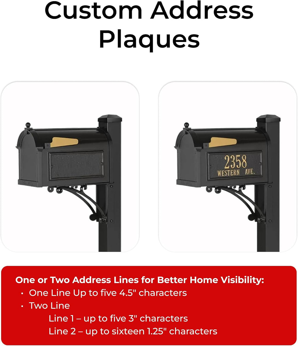 Superior Mailbox Package by Whitehall Black Large Cast Aluminum Mailbox with Decorative Post & Custom Address Side Plaques Weather Resistant Streetside Outdoor Mail Unit