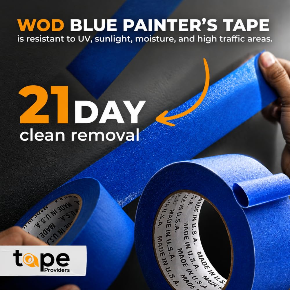 Made in USA Blue Painter's Tape - 2 inch x 60 yds. (24 Pack) Thick & Wide Masking Tape for Safe Wall Painting, Building, Remodeling, Labeling, Edge Finishing