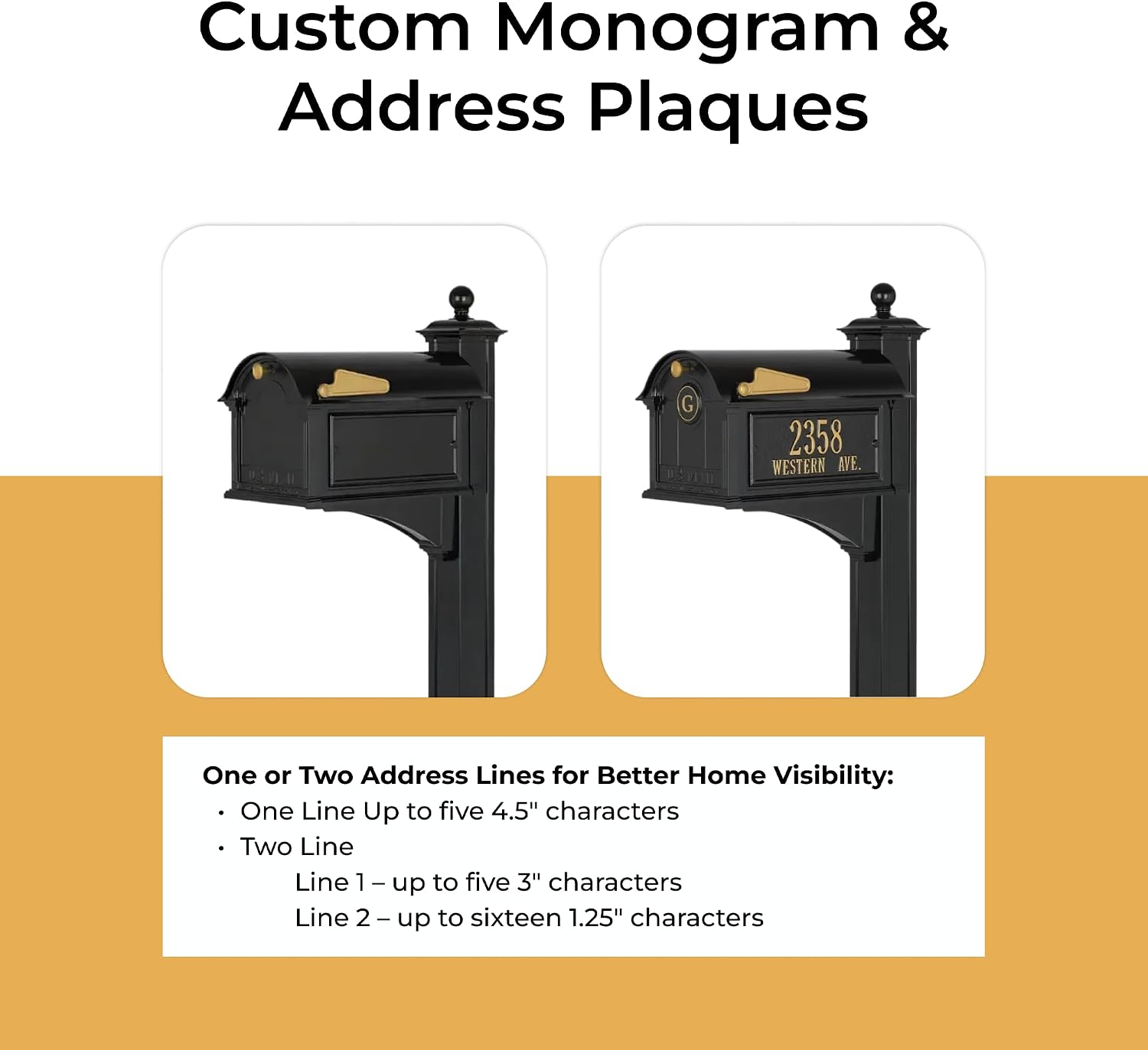 Whitehall Balmoral Monogram Mailbox with Post Black Oversized Cast Aluminum Mailbox Package with Personalized Side Plaques, Monogram Door & Weather-Resistant Deluxe Post