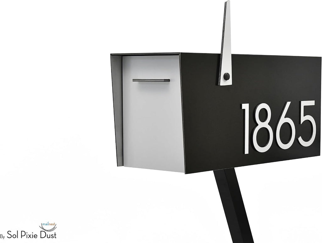 Contemporary Post-Mount Mailbox - Aluminum Black Body with Aluminum Door, Numbers and Flag - Large Customized Mailbox - Type 4 (White)