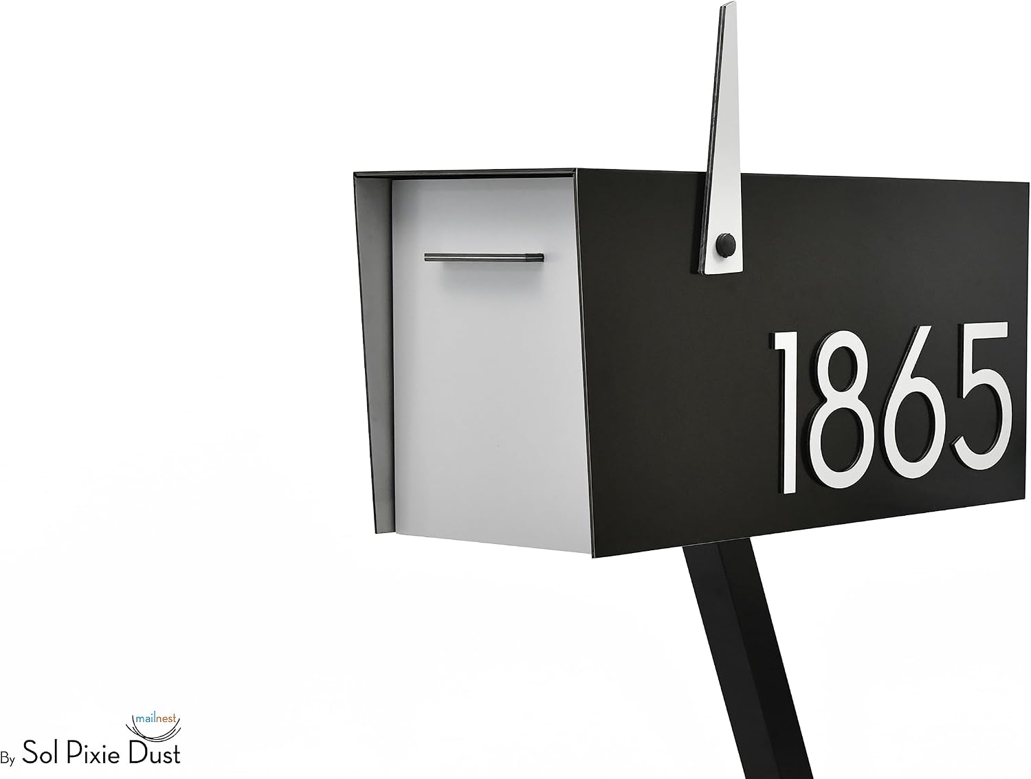 Contemporary Post-Mount Mailbox - Aluminum Black Body with Aluminum Door, Numbers and Flag - Large Customized Mailbox - Type 4 (White)