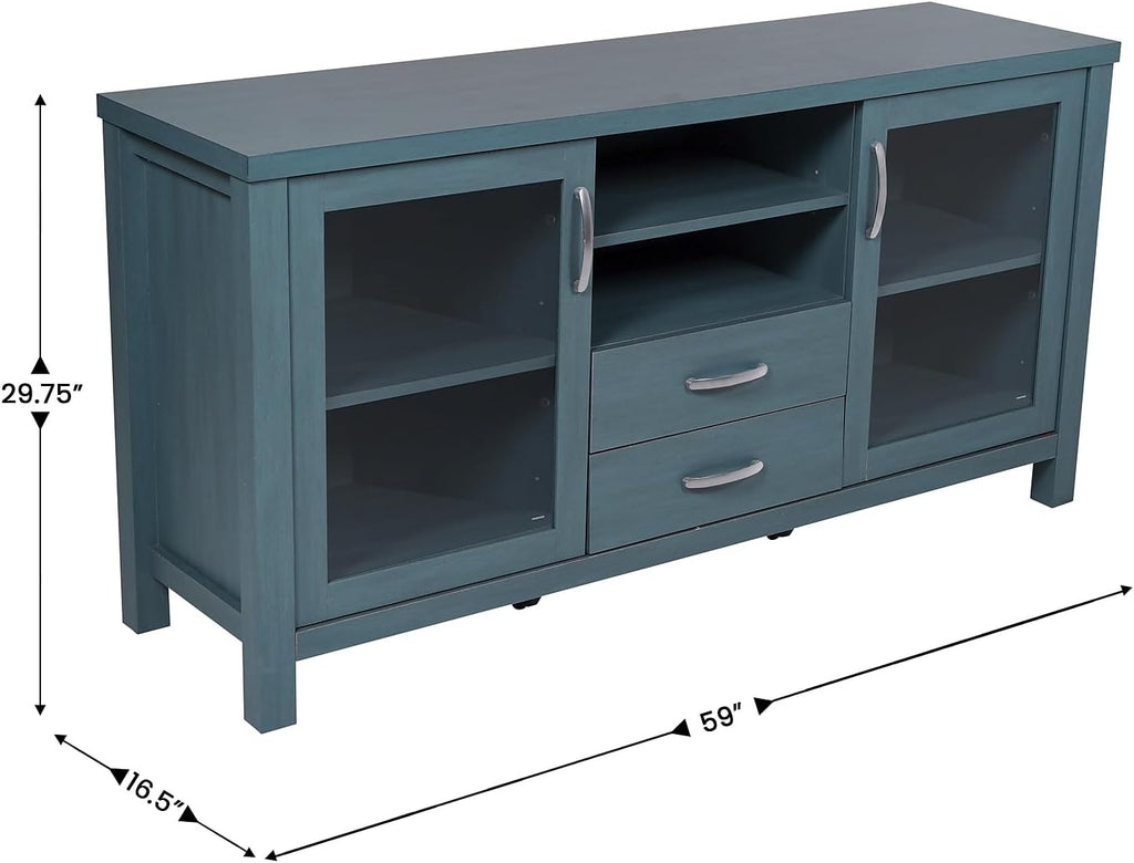 Flash Furniture Dion Modern Buffet Sideboard Storage Cabinet, Engineered Wood Construction, 2 Tempered Glass Soft Close Doors, 2 Drawers, Open Shelf, 59', Teal