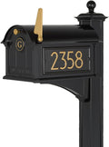 Whitehall Custom Extra Large Mailbox - Balmoral Model with Modern Style Address Plaques, Monogram and Side Mount Post Package, Sand Cast Aluminum, Black Personalized in Goldtone