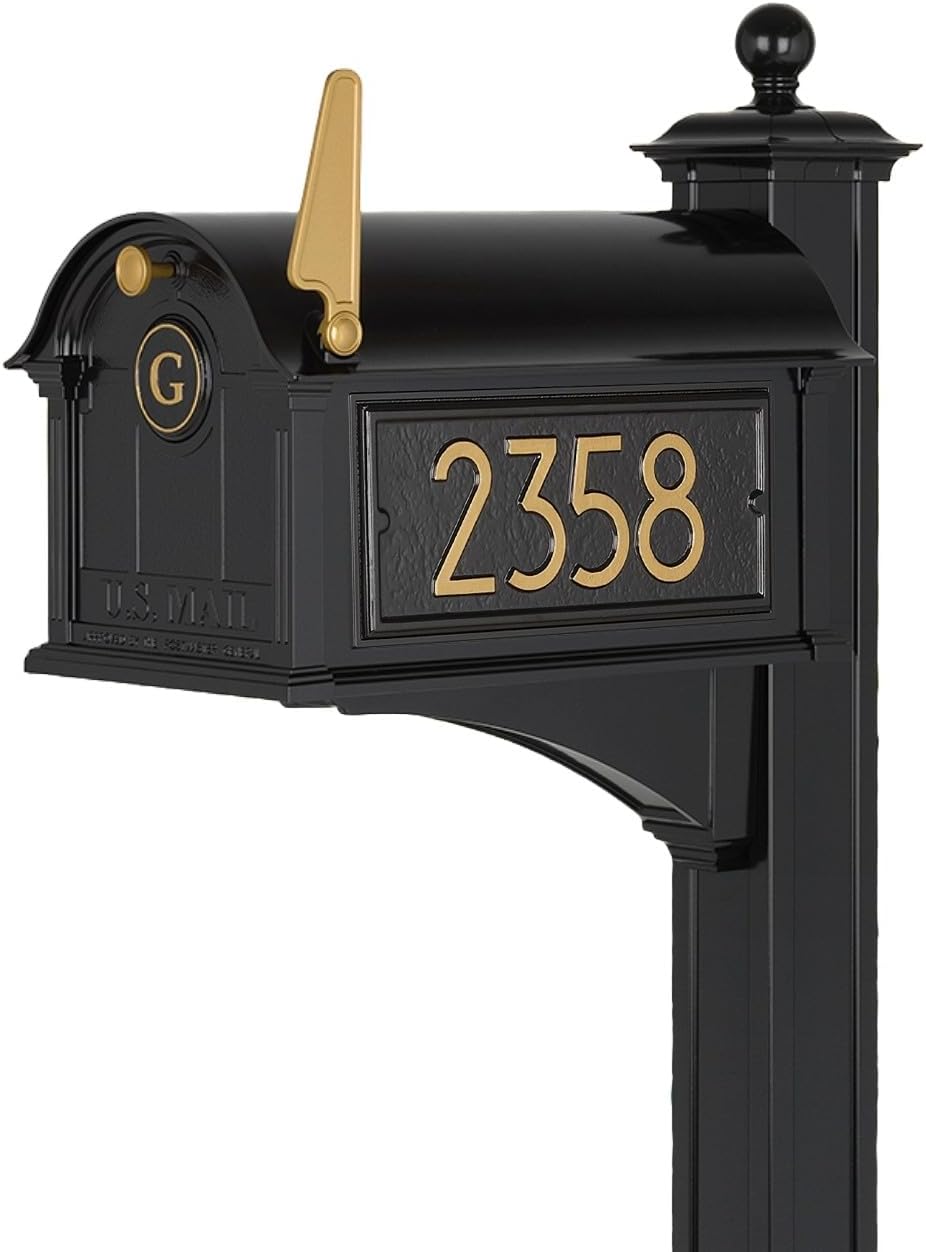 Whitehall Custom Extra Large Mailbox - Balmoral Model with Modern Style Address Plaques, Monogram and Side Mount Post Package, Sand Cast Aluminum, Black Personalized in Goldtone