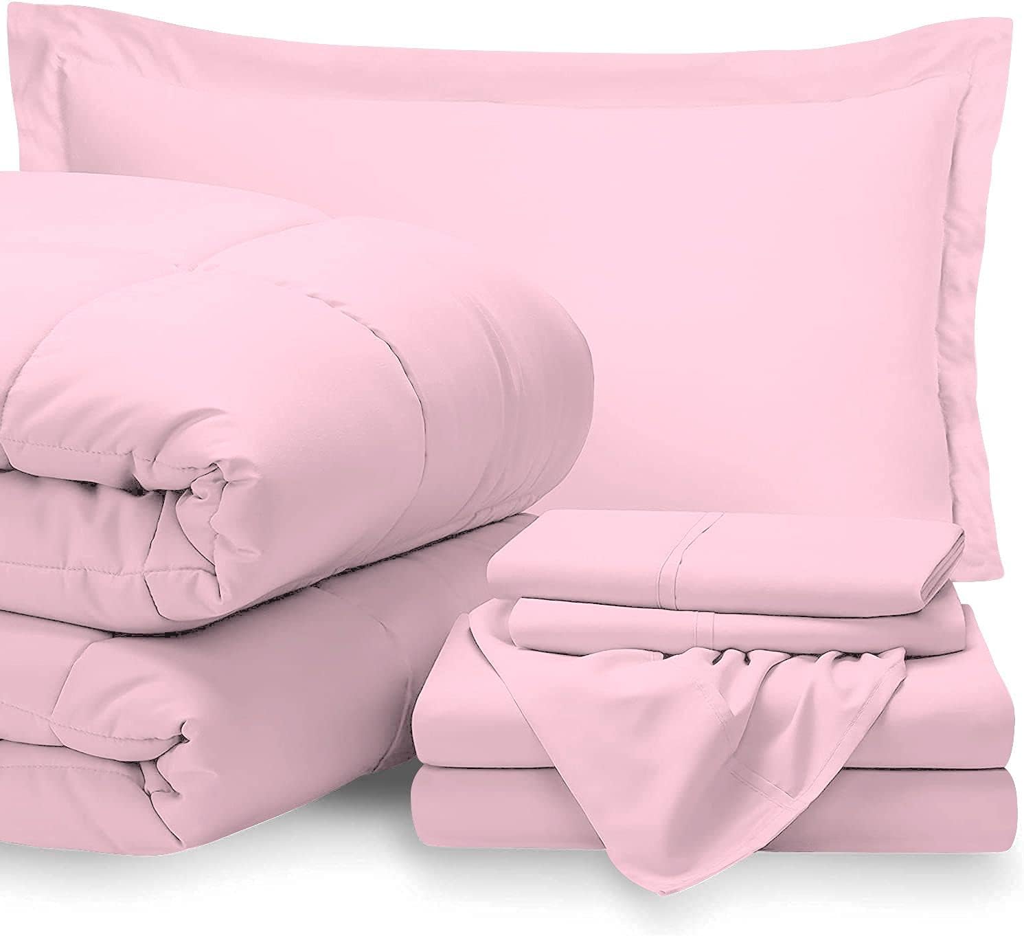 7 Piece Bed-in-A-Bag Comforter & Sheet Set 8-10' Deep Pocket, 100% Egyptian Cotton Queen Size, Baby Pink, Sets Include - 1Comforter, 1Flat Sheet,1Fitted Sheet, 2Pillowcase & 2Pillowsham