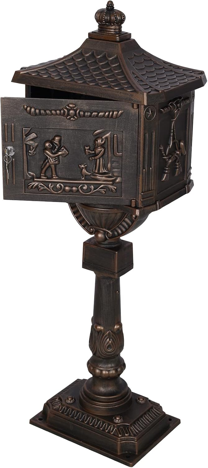 Montary Cast Aluminum Mailbox with Post, Heavy Duty Locking Security Mail Box for House Outside, Vintage Rust-Proof Large Postal Box with Keys & Baffle Door Postal Mailbox (Bronze)