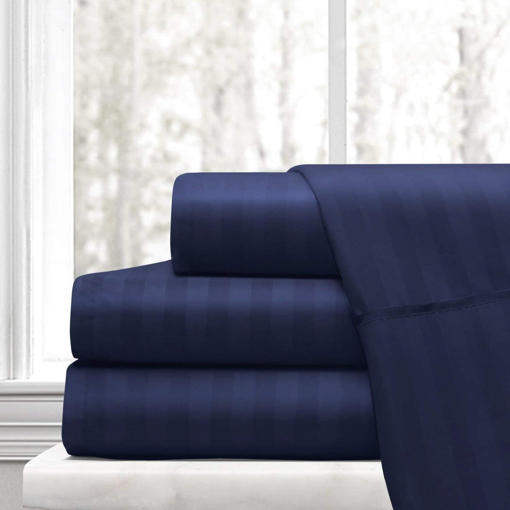 Split-King Sheets for Adjustable Bed Super Soft 1800-TC Heavy Egyptian Cotton 5-Piece Sheets Set Fits 7-9' Fully Elastic Deep Pocket (Stripe, Navy Blue)