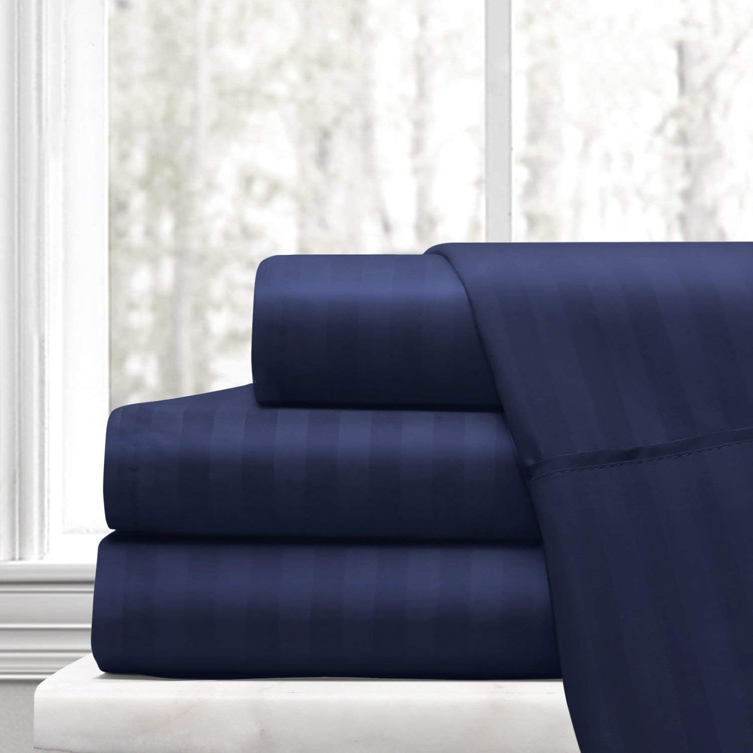 Split-King Sheets for Adjustable Bed Super Soft 1800-TC Heavy Egyptian Cotton 5-Piece Sheets Set Fits 7-9' Fully Elastic Deep Pocket (Stripe, Navy Blue)